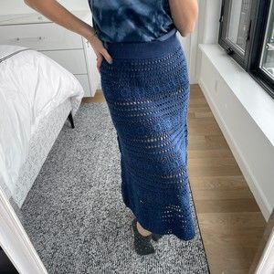 Staud Crochet Knit Midi Skirt Blue Small